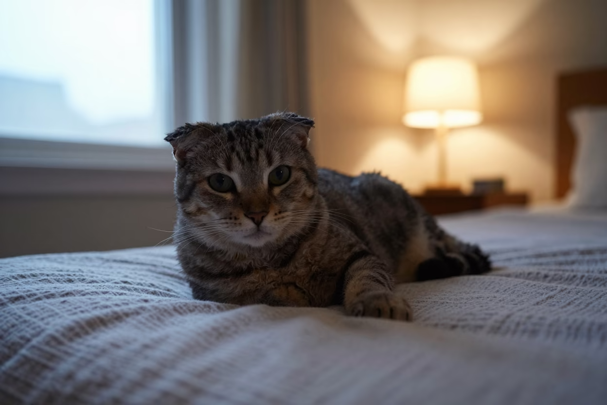 American Curl Cat Lounging Near Window in Surabaya in on a bedspread near a bright window with calm indoor light in Surabaya