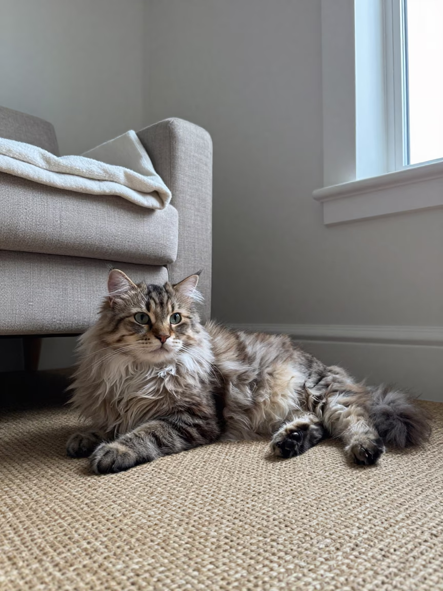 American Curl Cat Lounging on Woven Rug in on a woven rug beside a low couch and an uncluttered wall near Udu