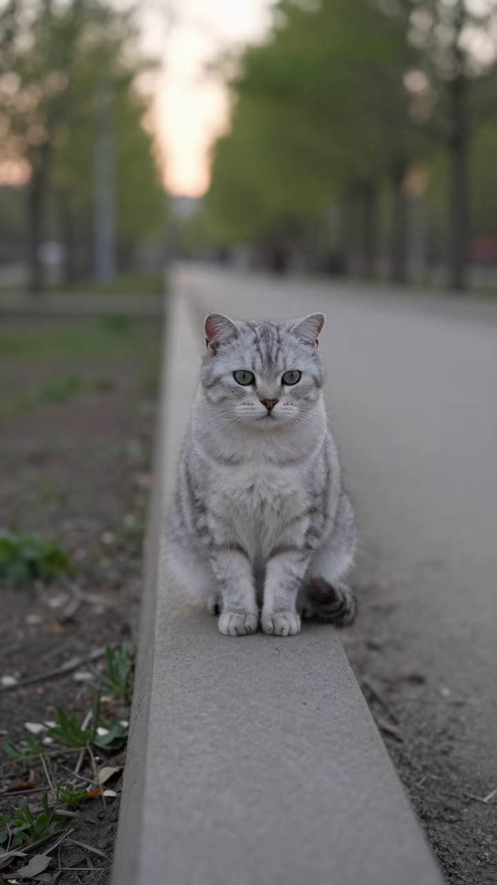 American Curl Cat on Courtyard Wall in Kemerovo in along a quiet park path with soft open shade and a clean background in Kemerovo