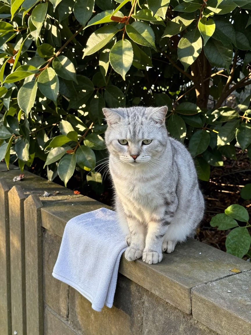 American Curl Cat on Glasgow Garden Wall in near a garden edge with soft morning light and an uncluttered background in Glasgow