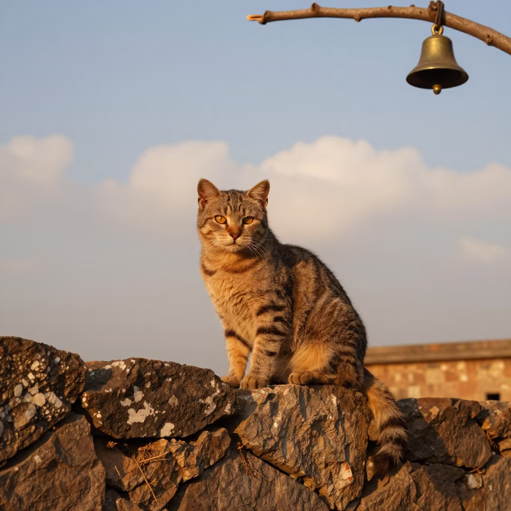 American Curl Cat on Junagadh Garden Wall in near a garden edge with soft morning light and an uncluttered background near Junagadh