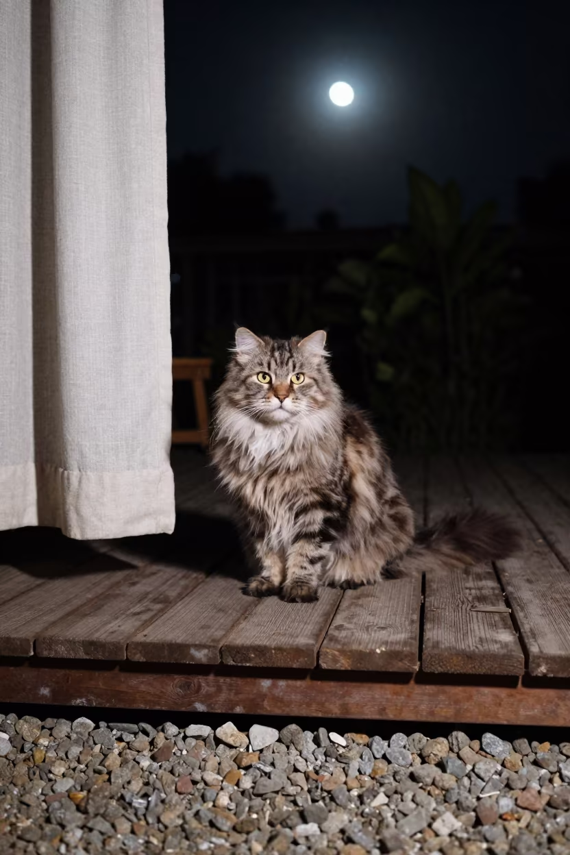 American Curl Cat on Nanchang Porch Moonlight in on a shaded front porch with boards, railings, and eye-level framing in Nanchang