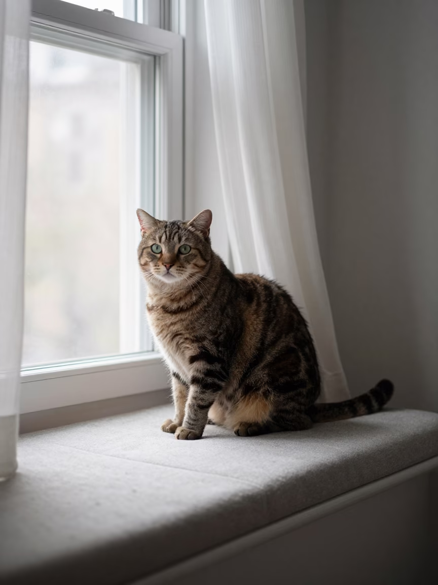 American Curl Cat on St Louis Window Seat in on a cushioned window seat with soft side light and an uncluttered background in St Louis
