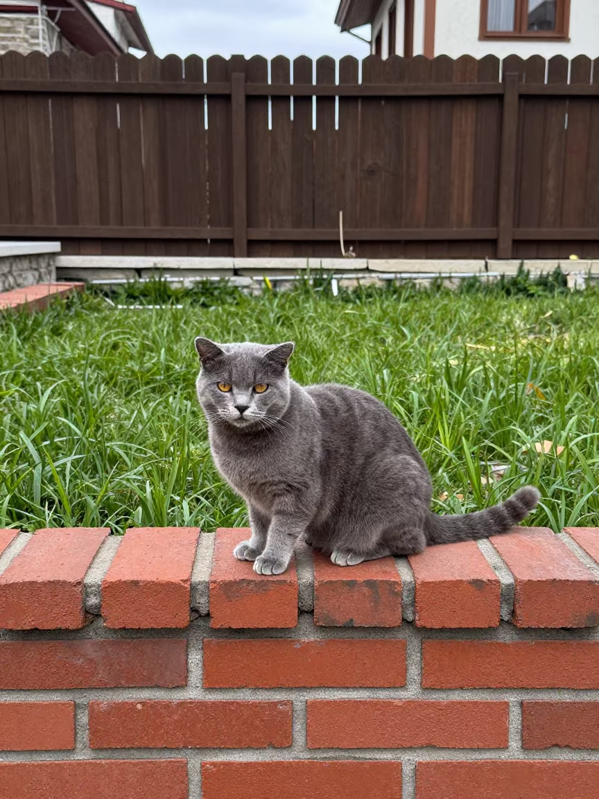 American Curl Cat on Yard Wall in Çerkezköy in in a small yard with clipped grass, calm light, and the animal centered in frame in Çerkezköy district