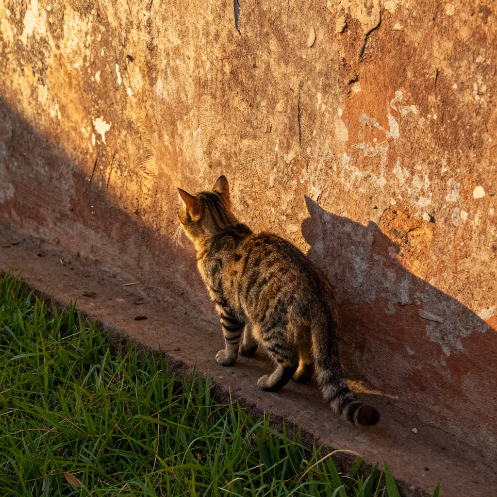 American Curl Cat Perched on Courtyard Wall in in a small yard with clipped grass, calm light, and the animal centered in frame in San Francisco de Campeche