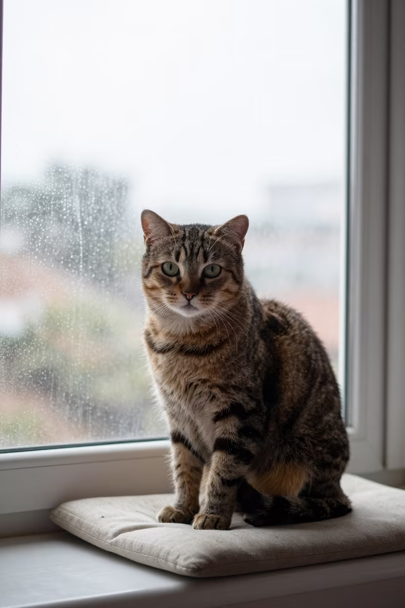 American Curl Cat Portrait on Window Seat in on a cushioned window seat with soft side light and an uncluttered background in Guarenas