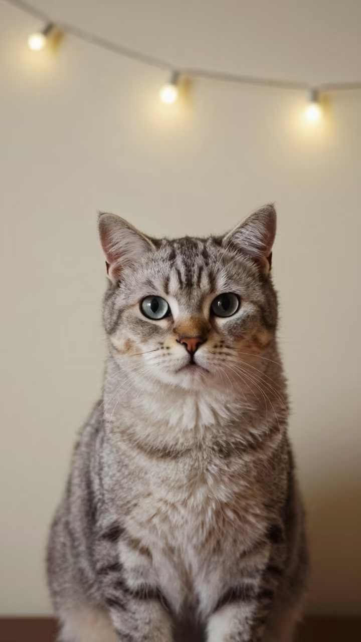 American Curl Cat Portrait with String Lights in beside a plain plaster wall in soft indoor light with the animal centered in frame in Vladivostok