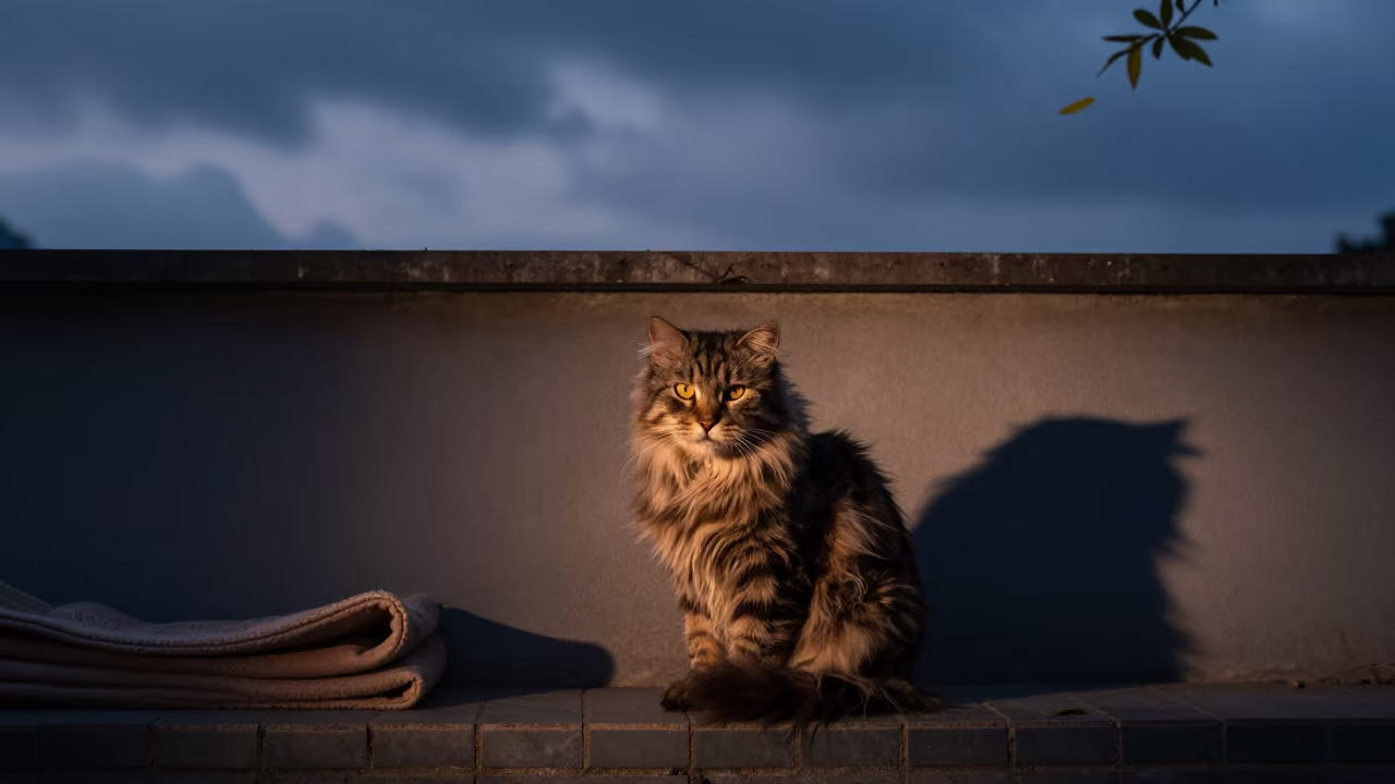 American Curl Longhair Cat in Guiyang Twilight in beside a plain courtyard wall in clear daylight with the animal at eye level in Guiyang
