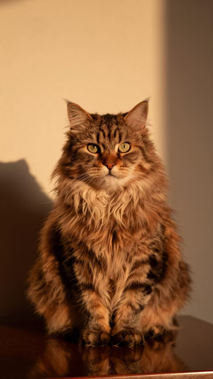 American Curl Longhair Cat in London Winter in beside a plain plaster wall in soft indoor light with the animal centered in frame in London