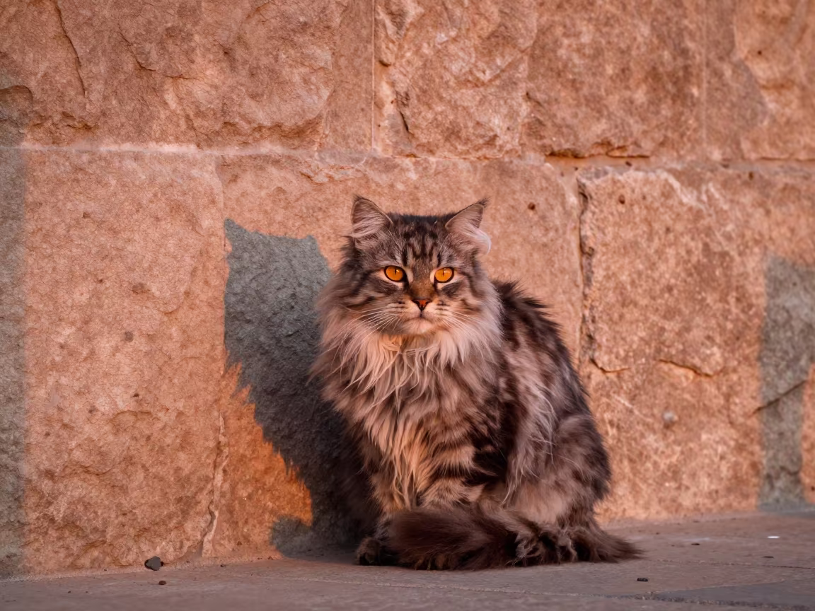 American Curl Longhair Cat in Muttrah Courtyard in beside a plain courtyard wall in clear daylight with the animal at eye level in Muttrah