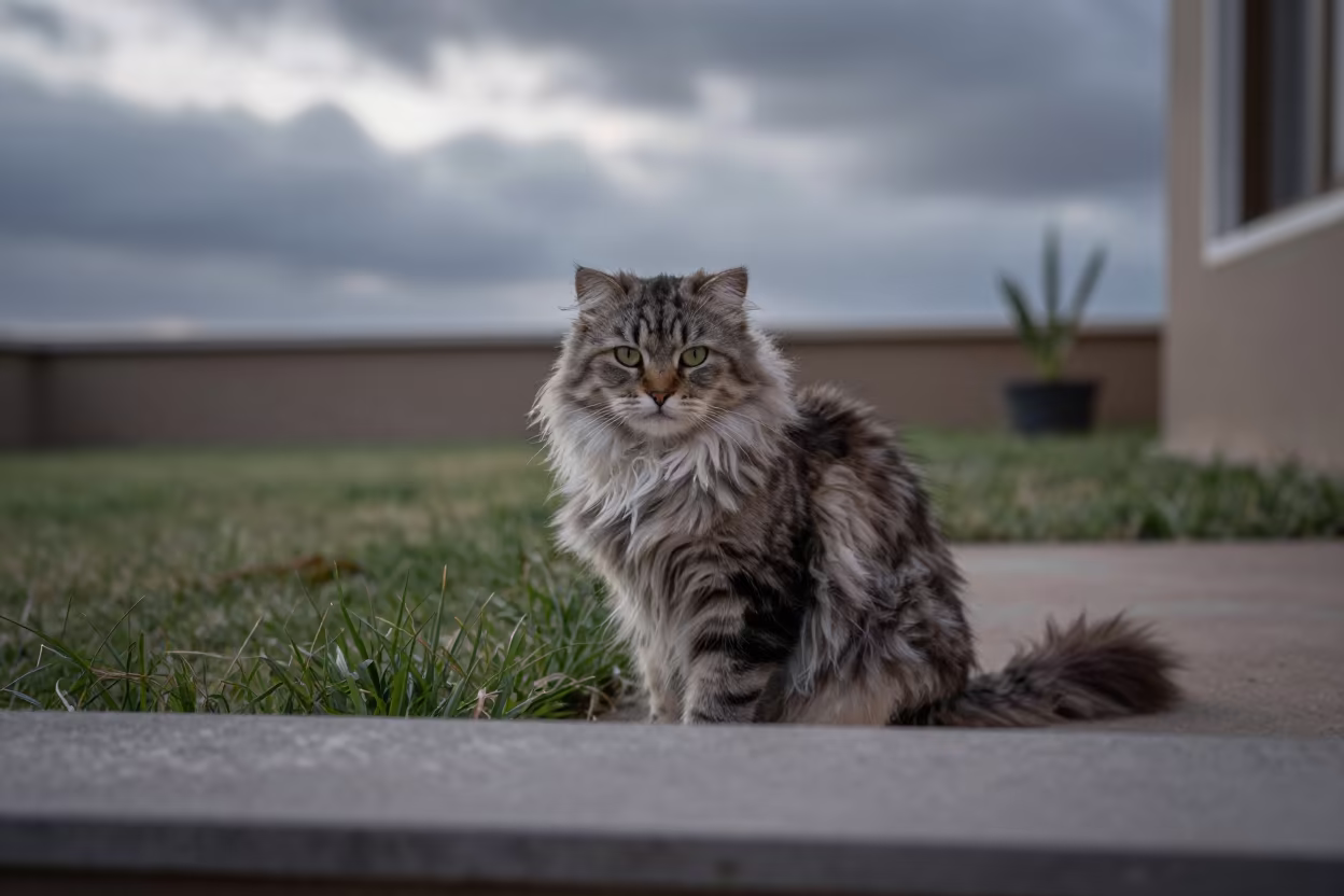 American Curl Longhair Cat in Predawn Hargeisa Yard in in a small yard with clipped grass, calm light, and the animal centered in frame near Hargeisa