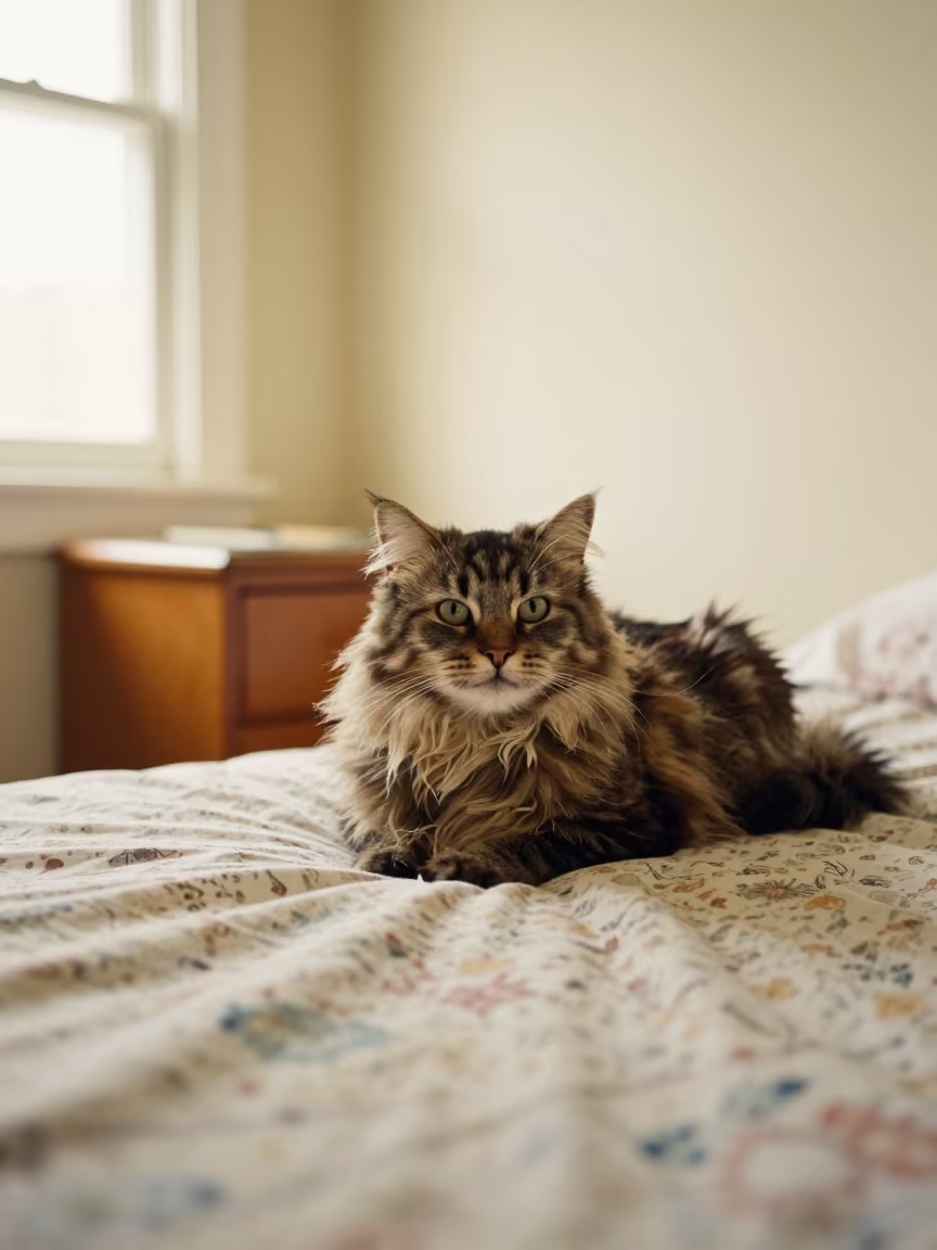 American Curl Longhair Cat Lounging on Bedspread in on a bedspread near a bright window with calm indoor light near Alicante