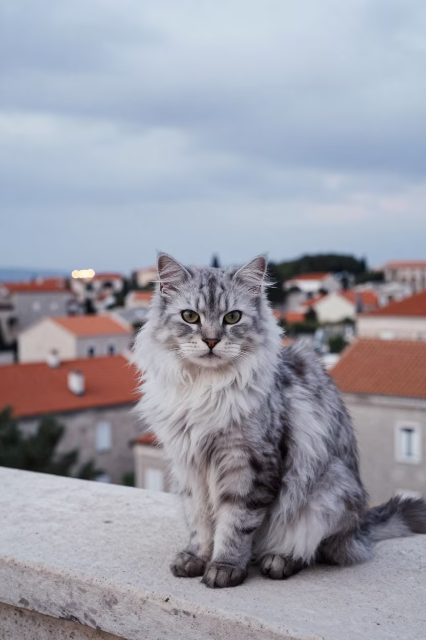 American Curl Longhair Cat Near Zadar Courtyard Wall in beside a plain courtyard wall in clear daylight with the animal at eye level near Zadar