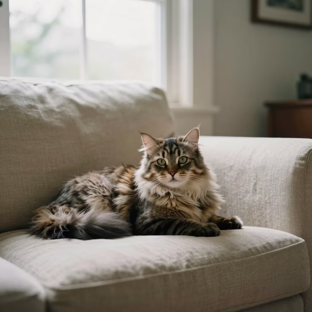 American Curl Longhair Cat on Linen Sofa in on a linen sofa with daylight from a nearby window in Fort-de-France