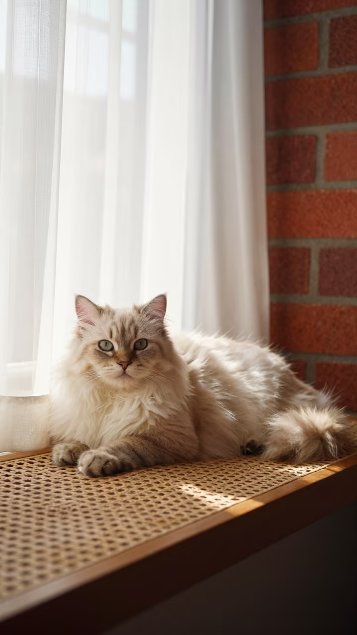 American Curl Longhair Cat on Window Seat in on a window seat in a quiet apartment with soft side light in Patna