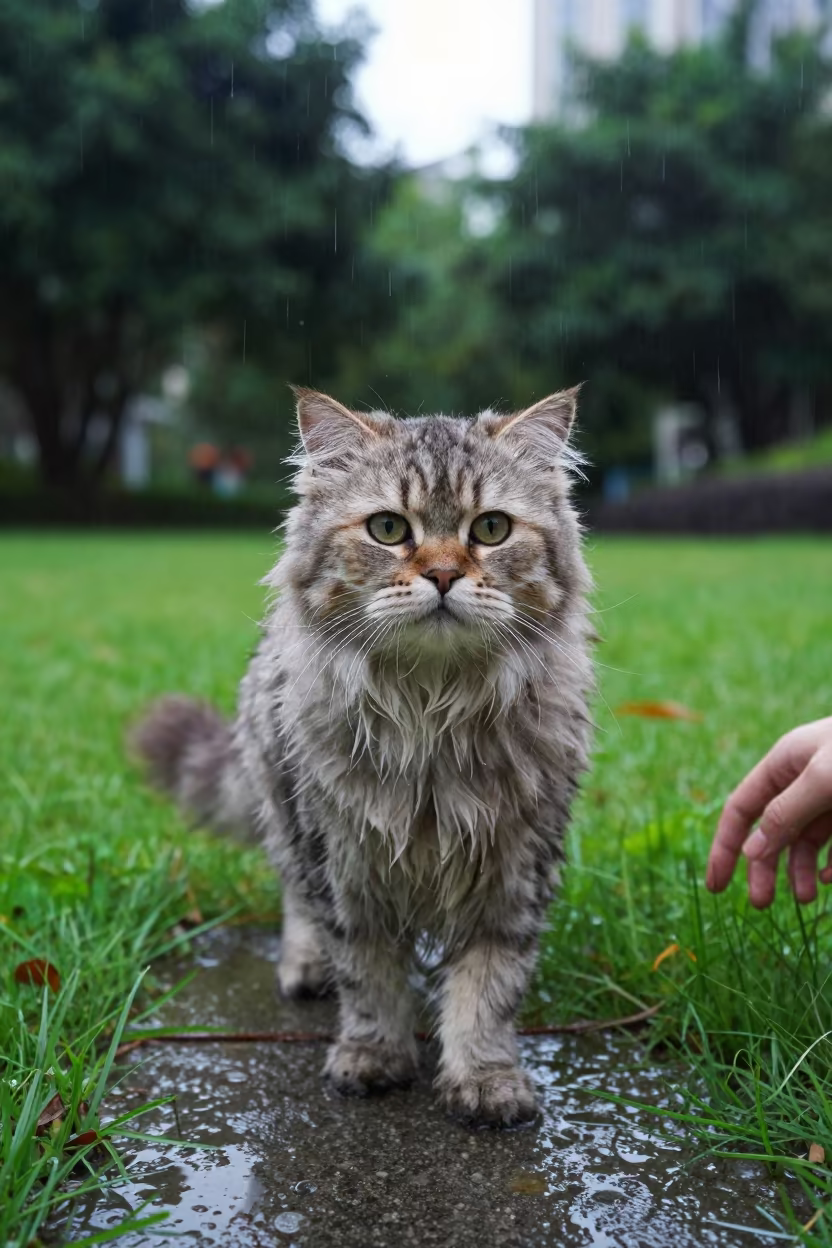 American Curl Longhair Cat Portrait Wet Season Shenzhen in in a small yard with clipped grass, calm light, and the animal centered in frame near Shenzhen