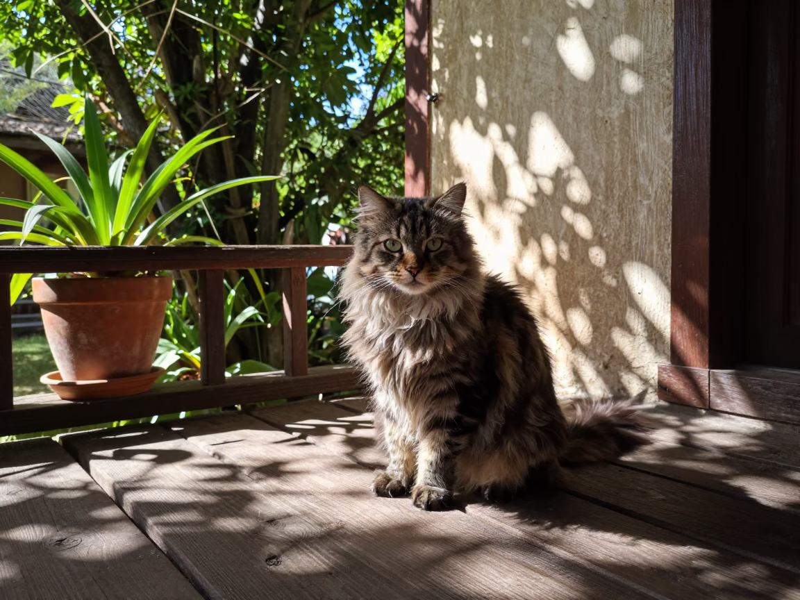 American Curl Longhair on Shaded Merida Porch in on a shaded front porch with boards, railings, and eye-level framing in Merida