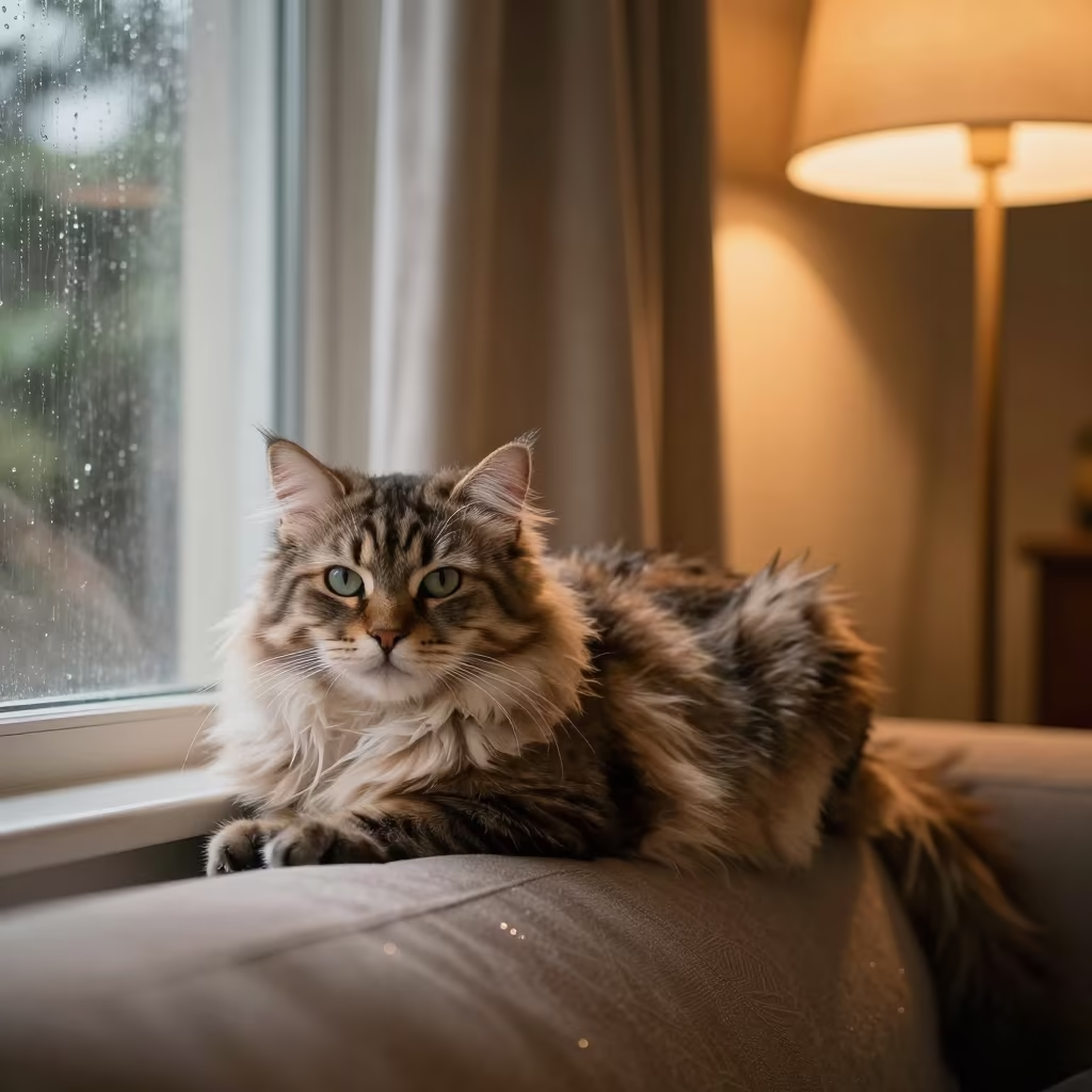 American Curl Longhair Portrait in Monsoon Room in on a sofa near a curtained window with calm indoor light in Catia La Mar
