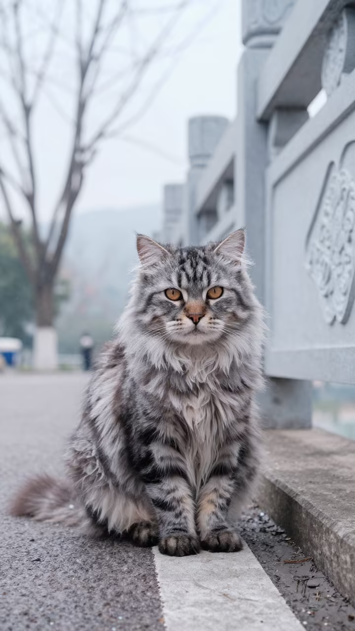 American Curl Longhair Portrait in Winter Park in along a quiet park path with soft open shade and a clean background in Chongqing