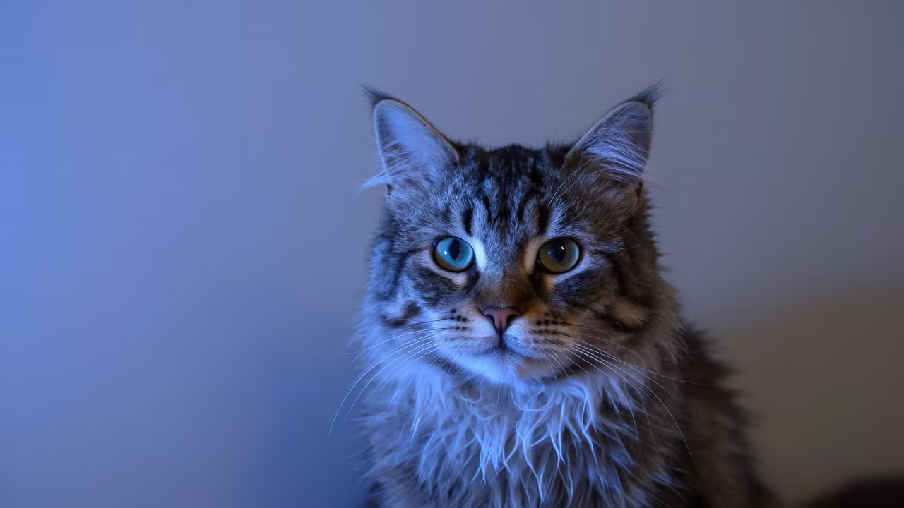 American Curl Longhair Portrait Indoor Neon Light in beside a plain plaster wall in soft indoor light with the animal centered in frame in Mbale