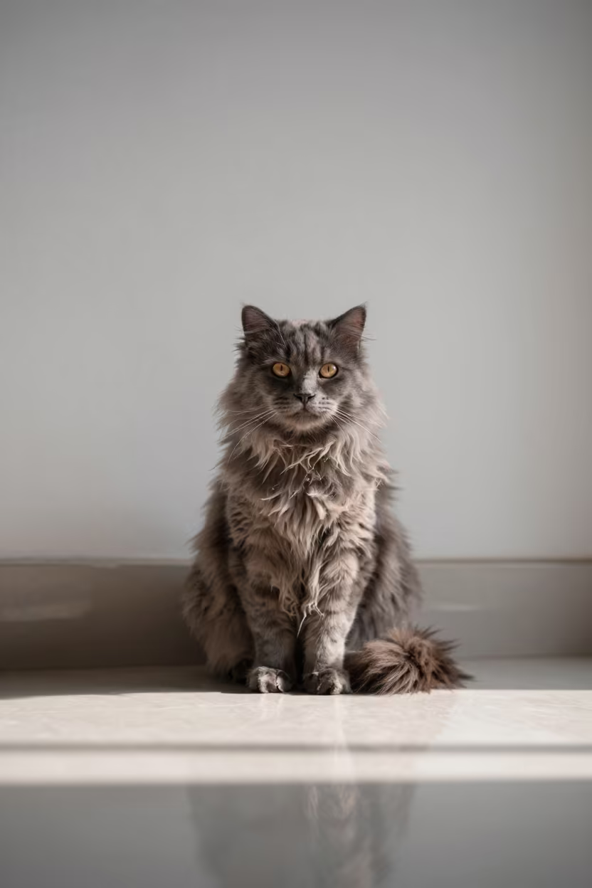 American Curl Longhair Portrait Near Rawalpindi Wall in beside a plain plaster wall in soft indoor light with the animal centered in frame near Rawalpindi