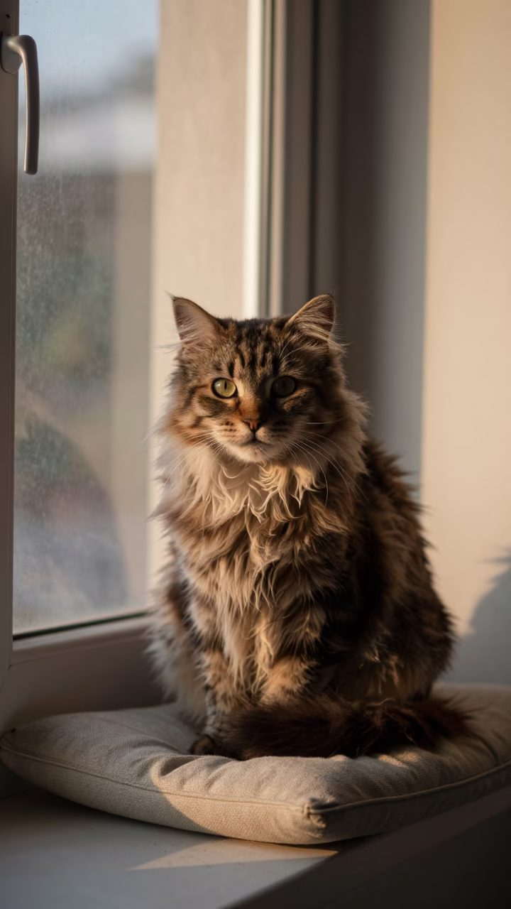 American Curl Longhair Portrait on Window Seat in on a cushioned window seat with soft side light and an uncluttered background in Rangpur