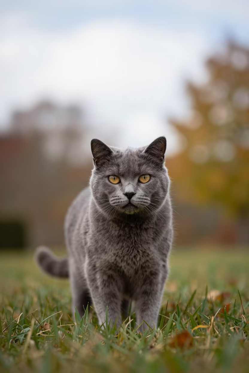 American Curl Portrait in Nawa Autumn Yard in in a small yard with clipped grass, calm light, and the animal centered in frame in Nawa