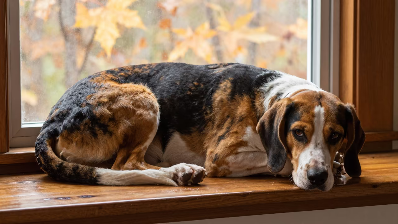 American English Coonhound on Autumn Window Seat in on a window seat in a quiet apartment with soft side light in Mymensingh