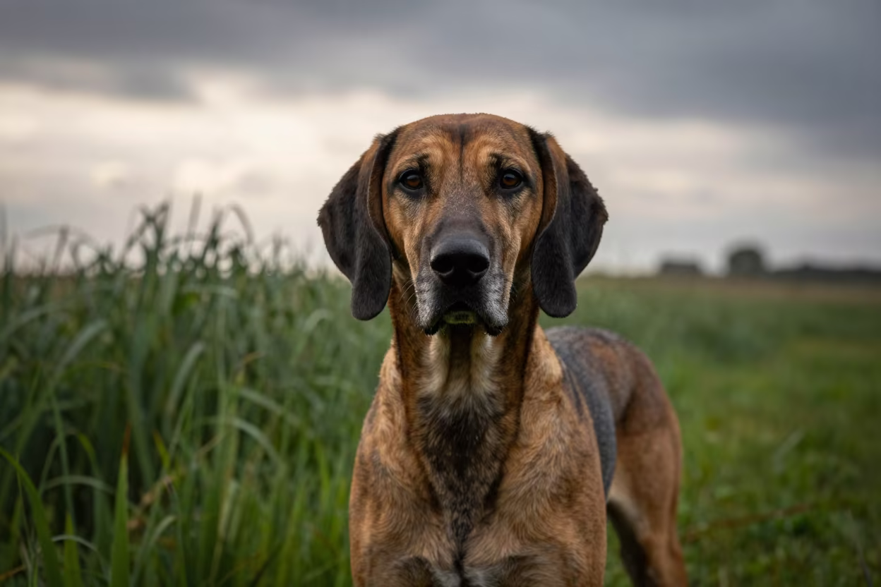 American English Coonhound Portrait at Dawn in in a small yard with clipped grass, calm light, and the animal centered in frame near Victoria Seychelles