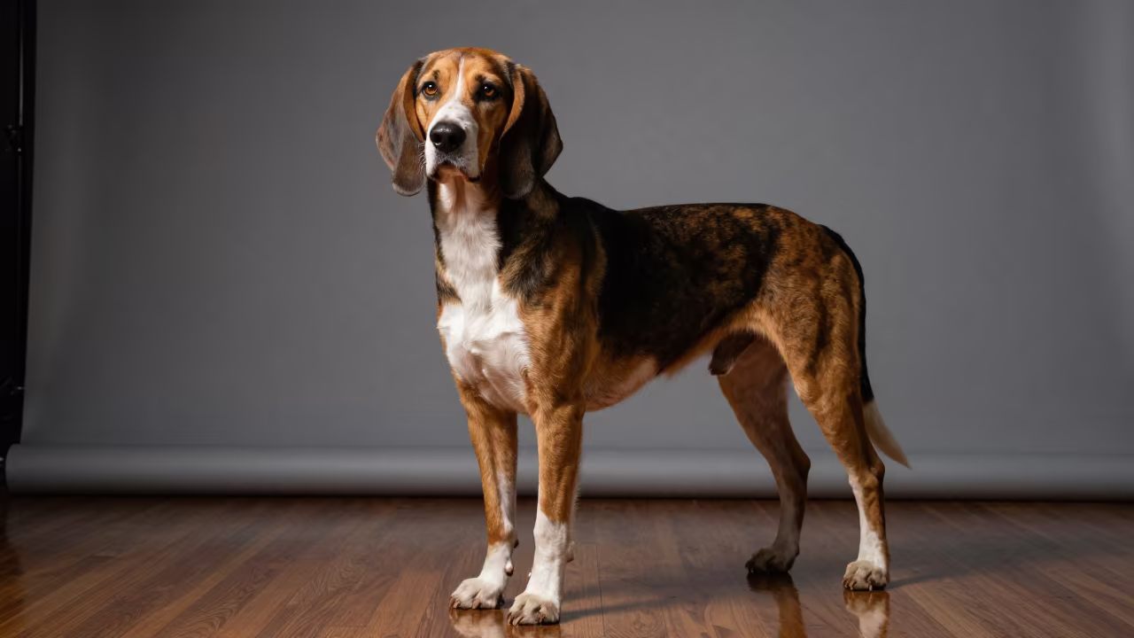 American English Coonhound Portrait Athens Studio in in a quiet portrait studio with a plain backdrop and eye-level framing in Exarchia, Athens