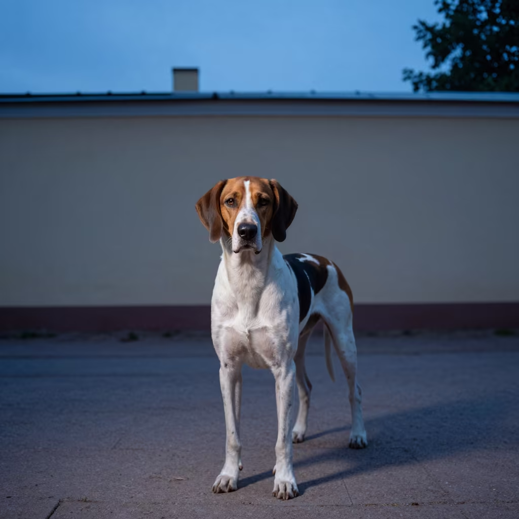 American English Coonhound Portrait Blue Hour in beside a plain courtyard wall in clear daylight with the animal at eye level in St Petersburg