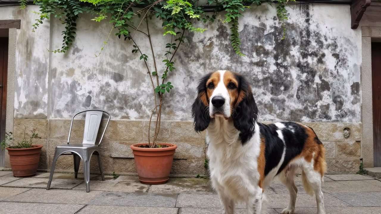 American English Coonhound Portrait Fuzhou Courtyard in beside a plain courtyard wall in clear daylight with the animal at eye level in Fuzhou