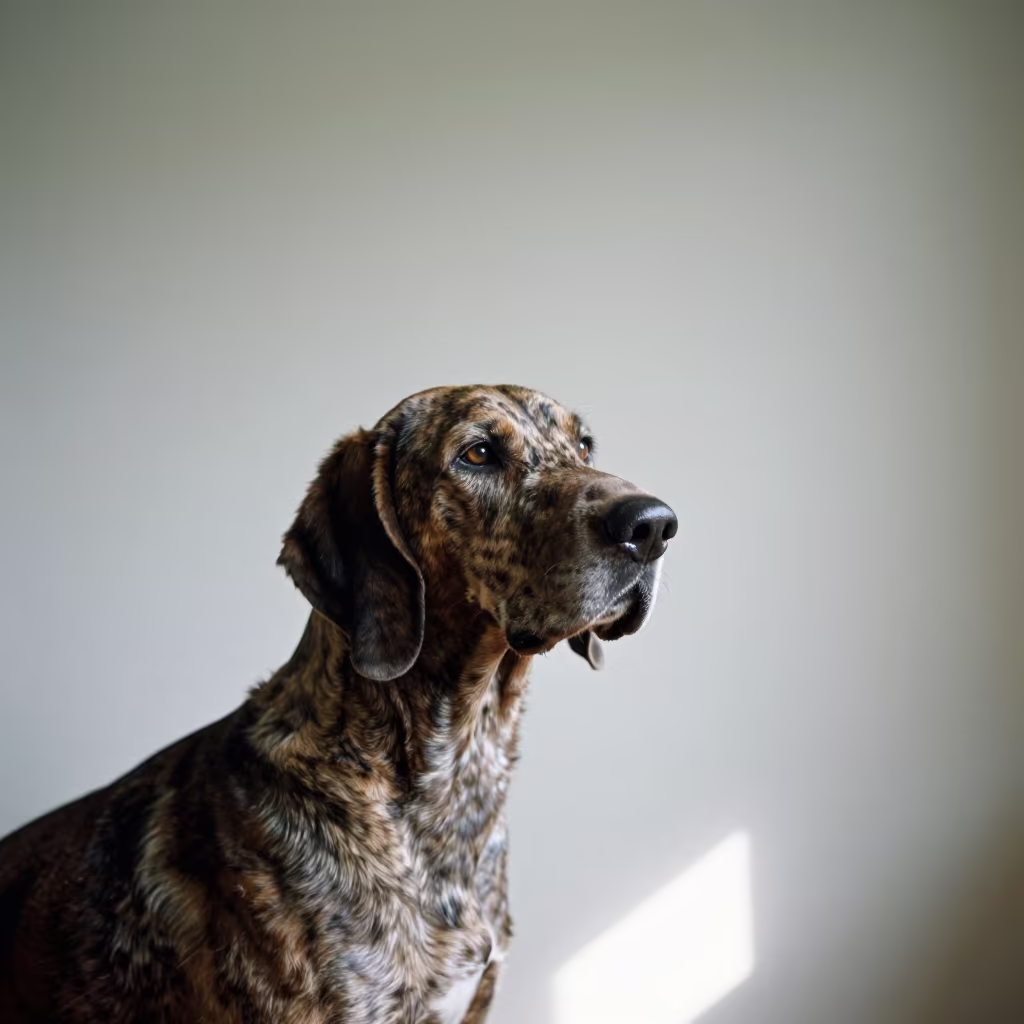 American English Coonhound Portrait in Winter Light in beside a plain plaster wall in soft indoor light with the animal centered in frame in Mar del Plata
