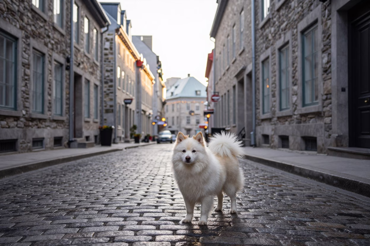 American Eskimo Dog on Cobblestone Street in Quebec City Just After Sunrise in in Quebec City, Quebec, Canada