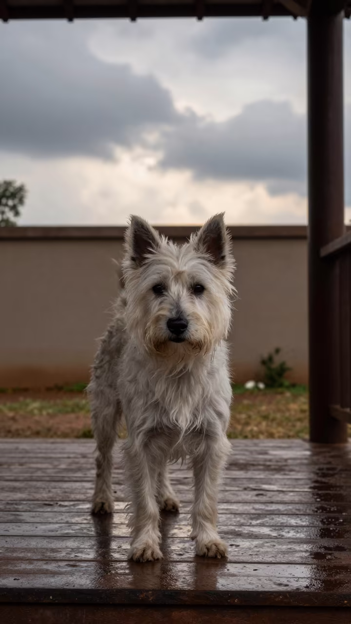 American Eskimo Dog on Jimma Porch in beside a plain courtyard wall in clear daylight with the animal at eye level in Jimma