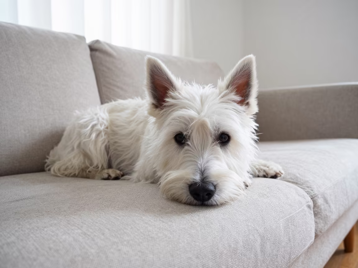 American Eskimo Dog on Linen Sofa in Malanje in on a linen sofa with daylight from a nearby window near Malanje