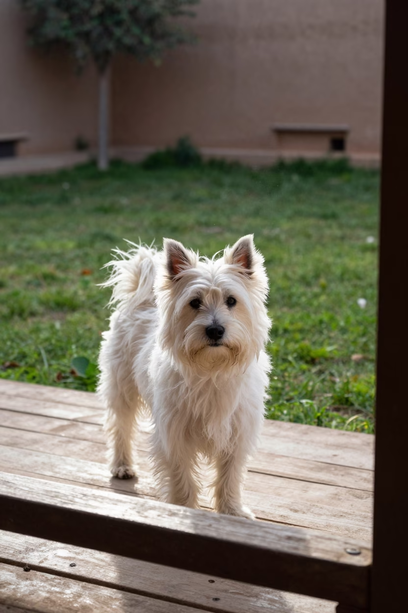 American Eskimo Dog on Shaded Assilah Porch in in a small yard with clipped grass, calm light, and the animal centered in frame near Assilah