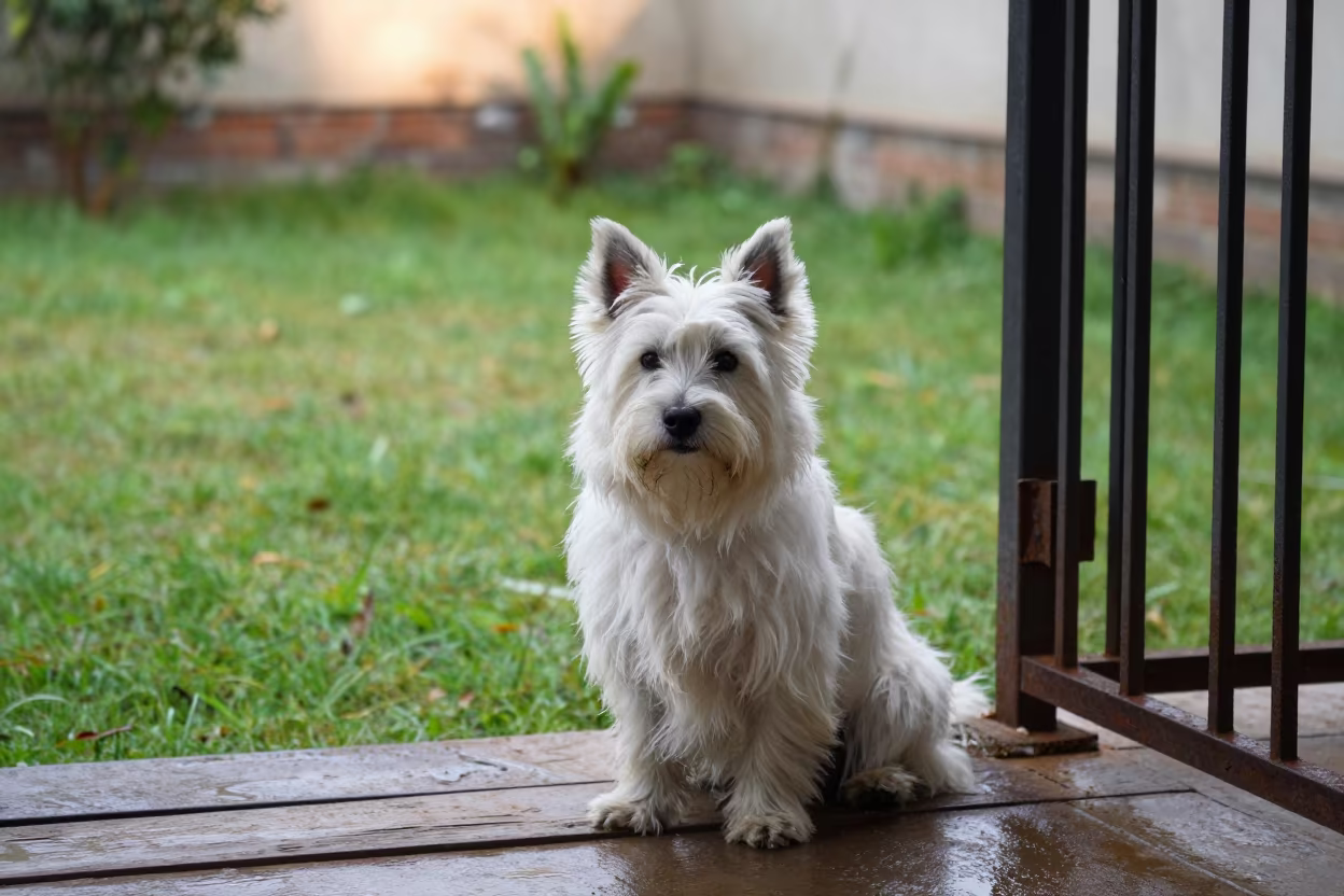 American Eskimo Dog on Shaded Lahore Porch in in a small yard with clipped grass, calm light, and the animal centered in frame near Lahore
