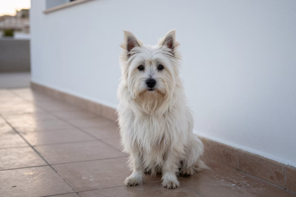 American Eskimo Dog on Shaded Porch in Alicante in beside a plain courtyard wall in clear daylight with the animal at eye level in Alicante