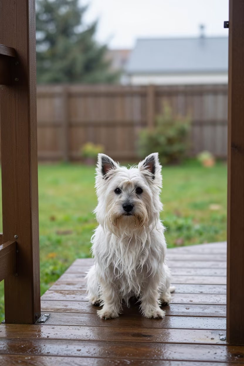 American Eskimo Dog on Shaded Porch in Dalian in in a small yard with clipped grass, calm light, and the animal centered in frame in Dalian
