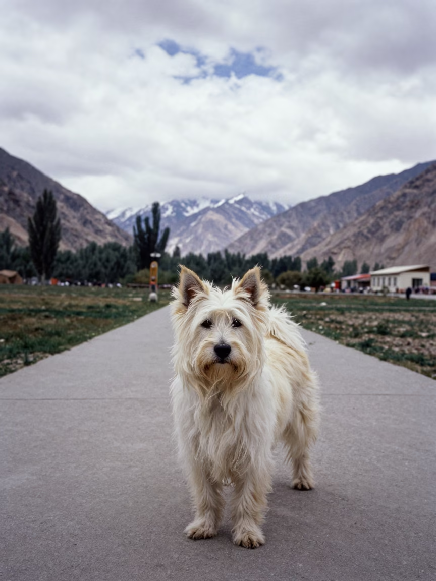 American Eskimo Dog Portrait Along Skardu Park Path in along a quiet park path with soft open shade and a clean background in Skardu