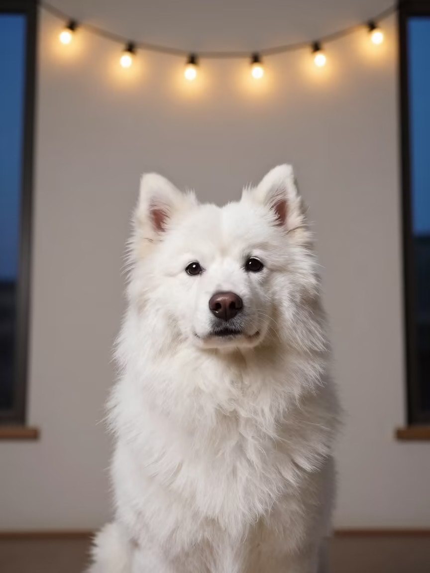 American Eskimo Dog Portrait by String Lights in beside a plain plaster wall in soft indoor light with the animal centered in frame in Ikeja