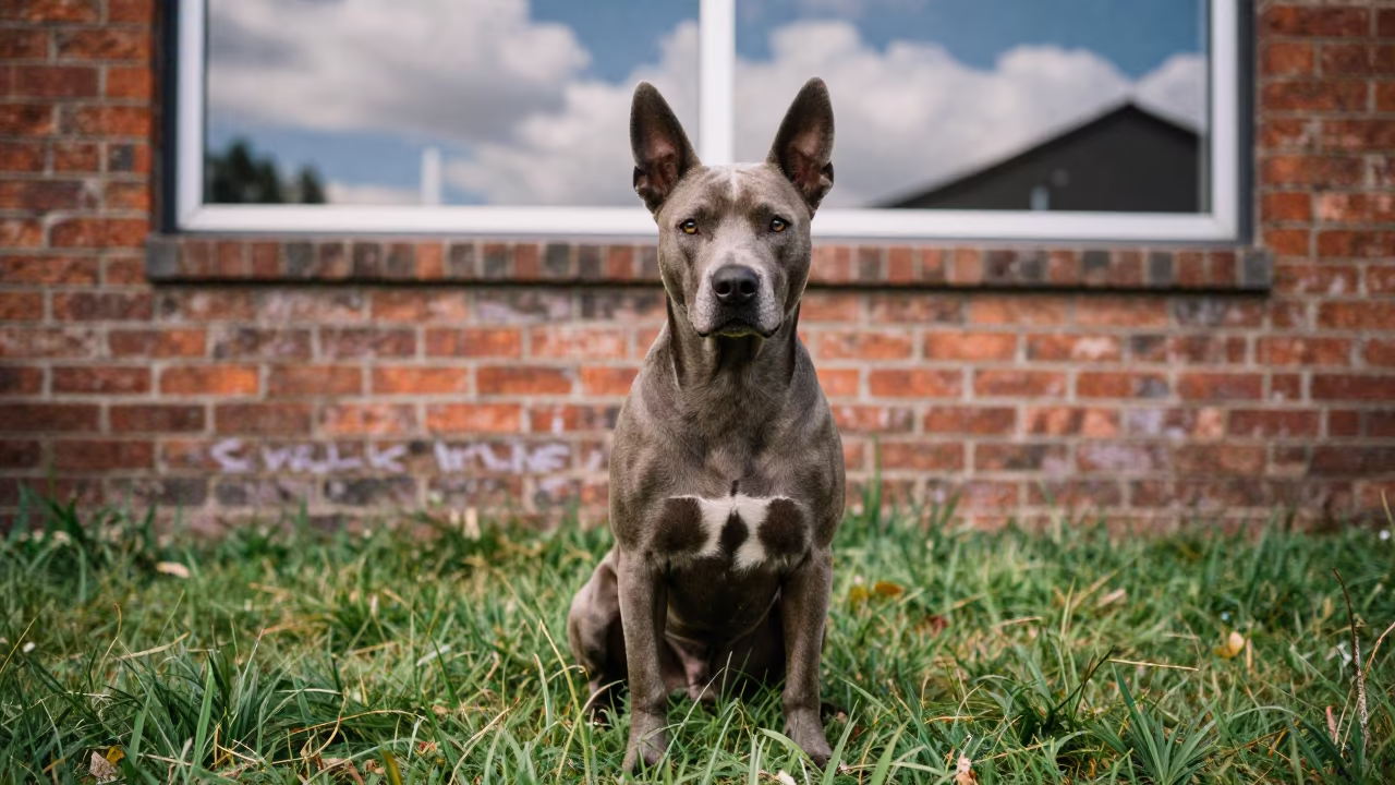 American Eskimo Dog Portrait in Avellaneda Yard in in a small yard with clipped grass, calm light, and the animal centered in frame near Avellaneda
