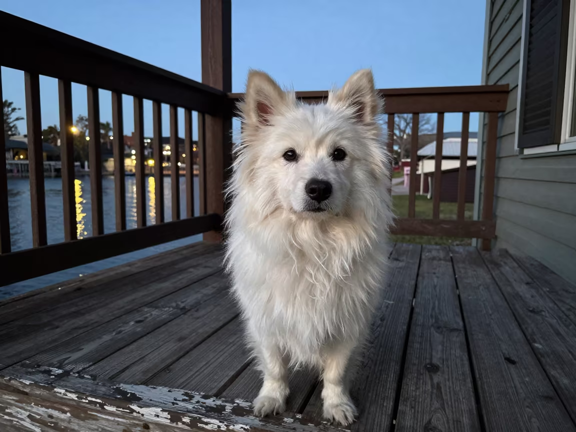 American Eskimo Dog Portrait on Alexandria Porch in on a shaded front porch with boards, railings, and eye-level framing in Alexandria