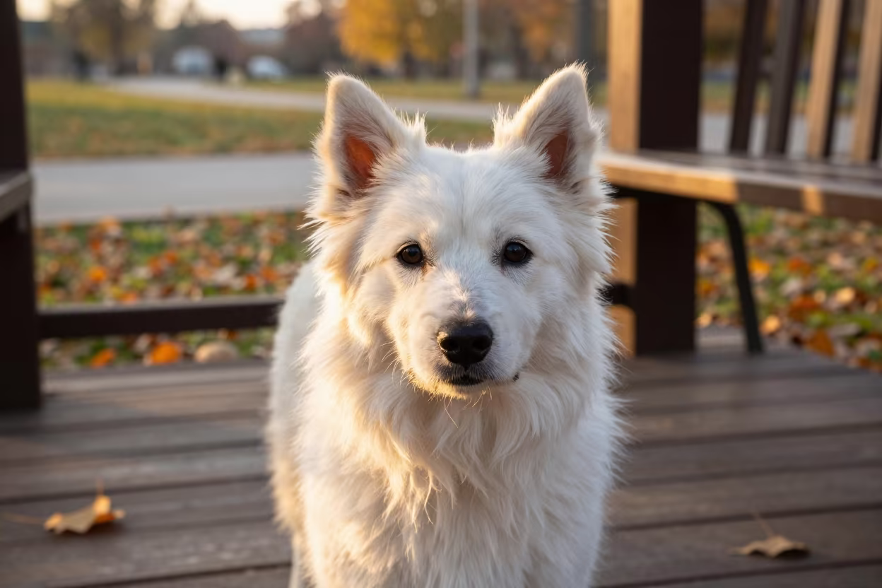 American Eskimo Dog Portrait on Shaded Park Porch in along a quiet park path with soft open shade and a clean background in Daşoguz