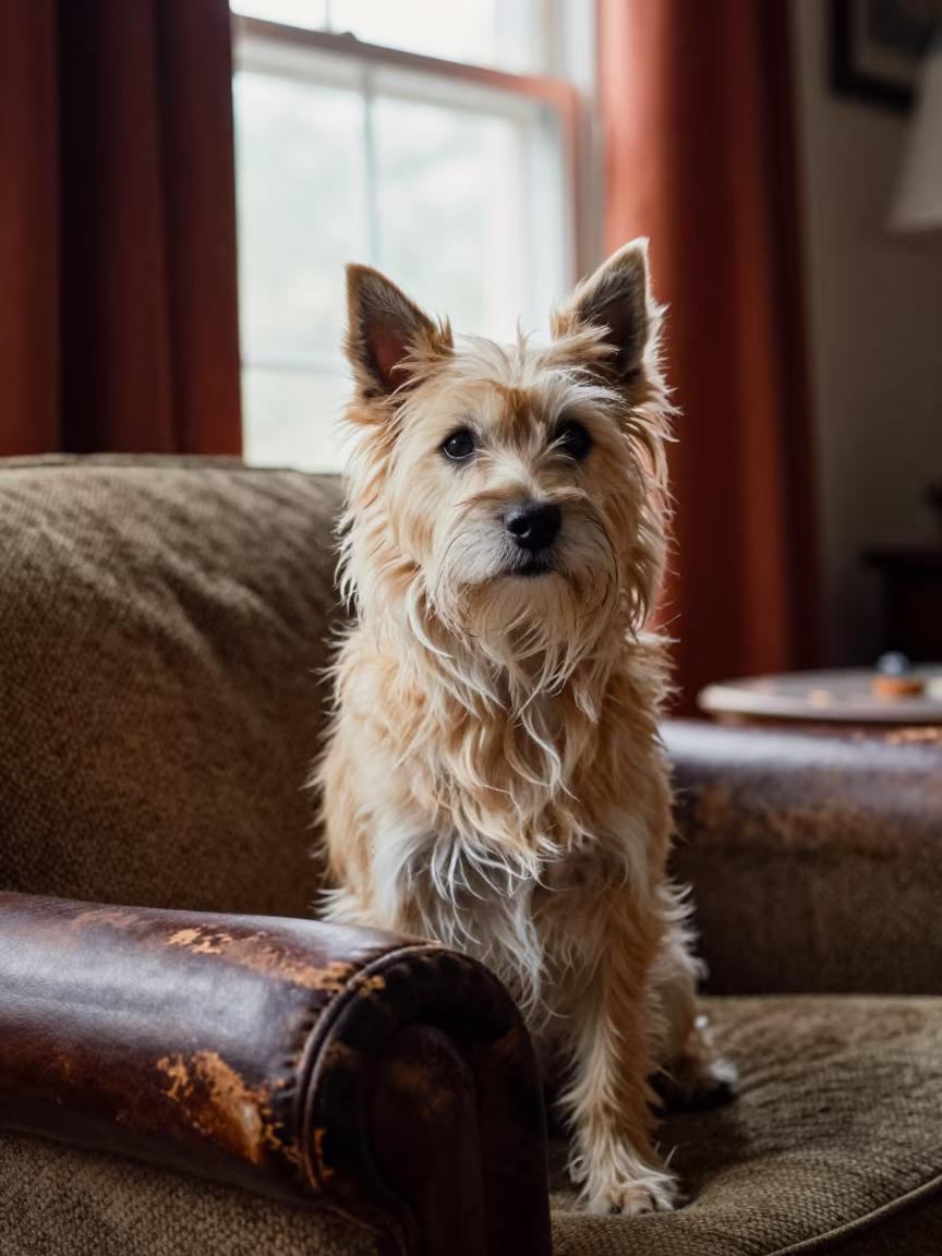 American Eskimo Dog Portrait on Sofa Near Window in on a sofa near a curtained window with calm indoor light near Istanbul