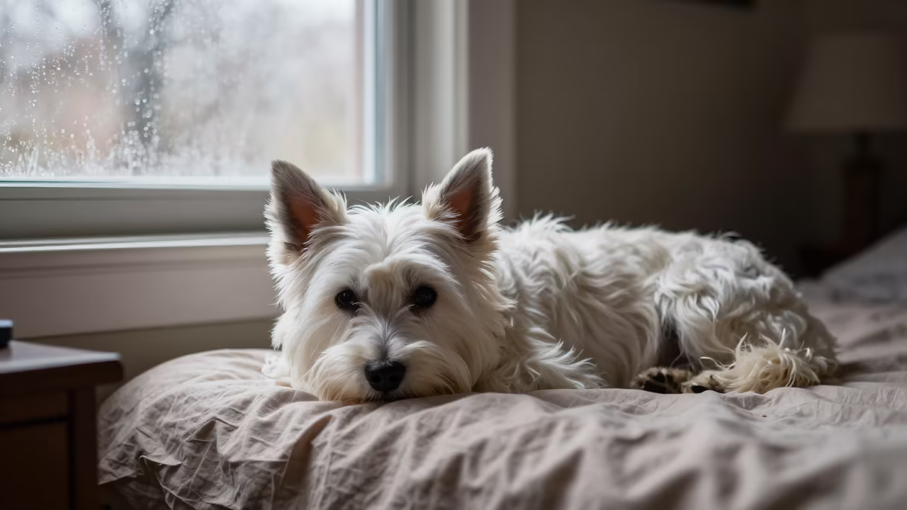 American Eskimo Dog Resting on Bedspread Near Window in on a bedspread near a bright window with calm indoor light in Santa Cruz de la Sierra