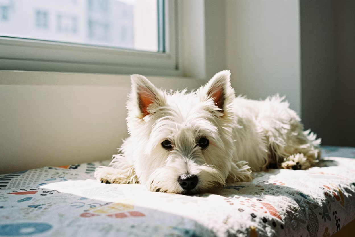 American Eskimo Dog Resting on Seoul Bedspread in on a bedspread near a bright window with calm indoor light in Jongno, Seoul