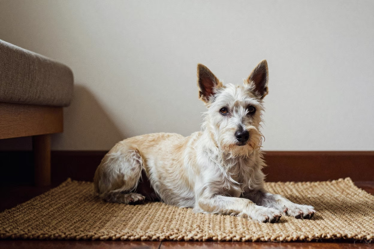 American Eskimo Dog Resting on Woven Rug in Can Tho in on a woven rug beside a low couch and an uncluttered wall in Can Tho
