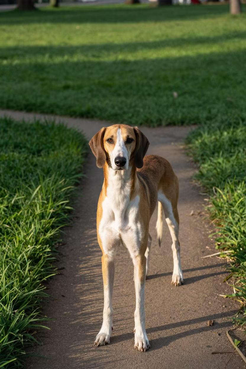 American Foxhound on Colombo Park Path in in a small yard with clipped grass, calm light, and the animal centered in frame in Colombo